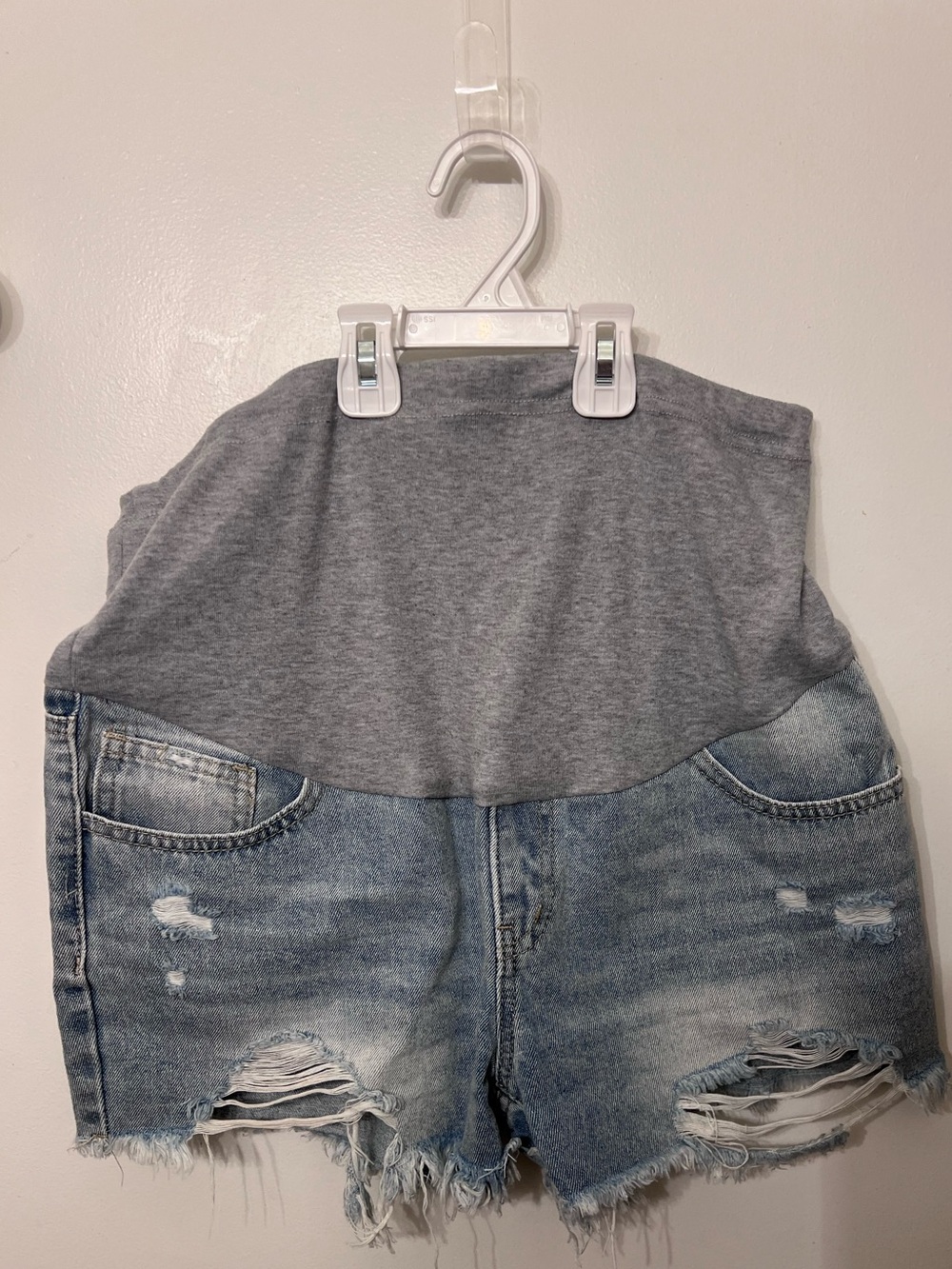 L Maternity Distressed Denim Shorts Grey belly panel Stretch comfort Waistband